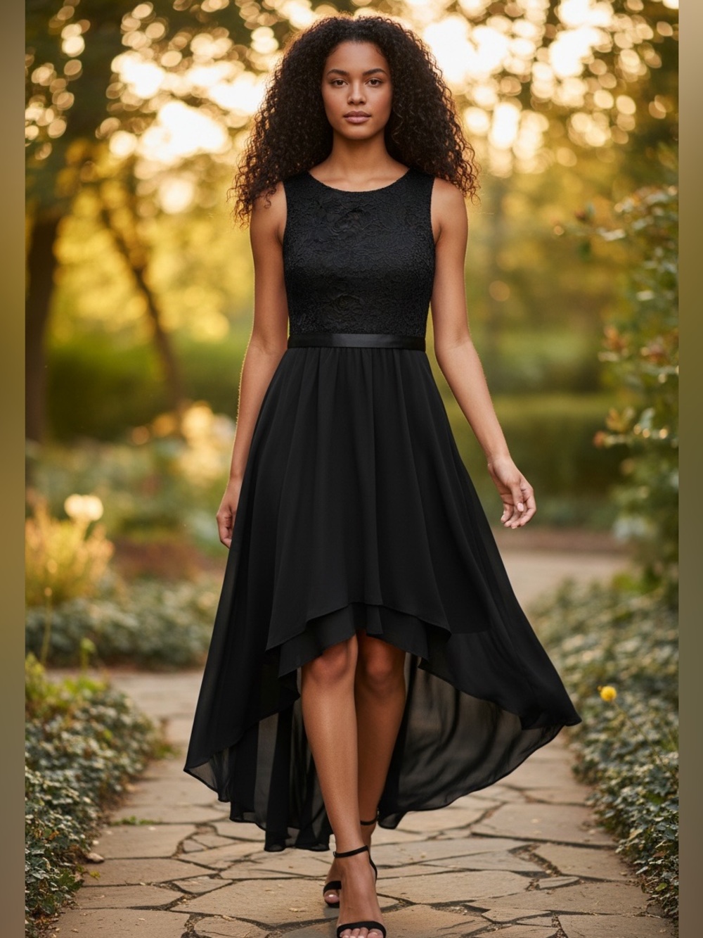 Bery Love Black Formal Cocktail LBD Dress Lace Bodice High-Low Hemline Size L